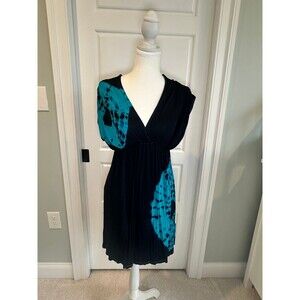 Boho Tie Dye Mini Dress Small-Blue Teal Black Dolman Sleeve with Empire Waist